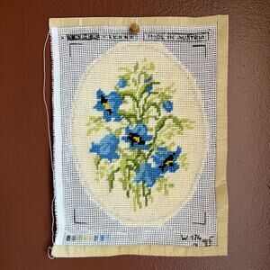 Vintage 70s Austrian Needlepoint Canvas Art Blue Floral Oval Cottagecore
